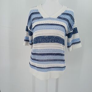 Short Sleeve Crochet Knit Sweater Womens S Blue Striped Casual Coastal Aesthetic